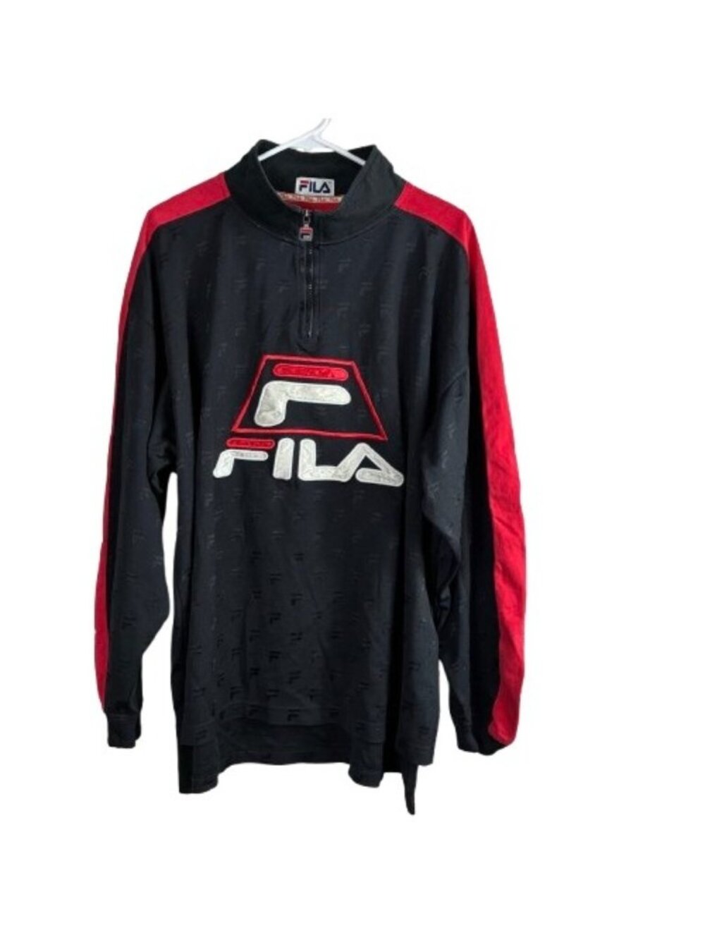 VTG 90s FILA Block Logo 1/4 Zip Pullover Sweatshirt Black Red AOP XXL
